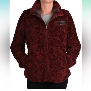 Pendleton Zip Up Burgundy Boucle teddy Fleece Jacket With Plaid Pocket Size L